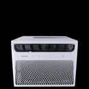 A white window air conditioner unit with a modern, sleek design. The front panel has a diamond-patterned grille and a control panel with icons for fan speed, temperature, and Wi-Fi connectivity.