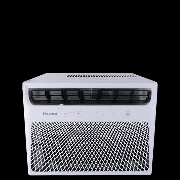 A white window air conditioner unit with a modern, sleek design. The front panel has a diamond-patterned grille and a control panel with icons for fan speed, temperature, and Wi-Fi connectivity.