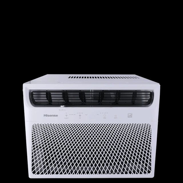 A white window air conditioner unit with a modern, sleek design. The front panel has a diamond-patterned grille and a control panel with icons for fan speed, temperature, and Wi-Fi connectivity.