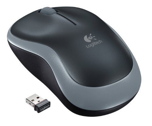 Close-up of gray and black Logitech wireless mouse with USB receiver