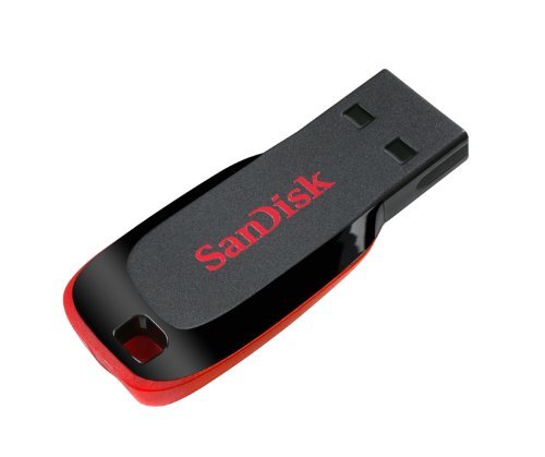 Angled view of black and red SanDisk Cruzer Blade USB flash drive showing connector
