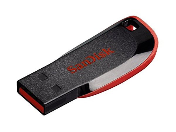 Angled view of black and red SanDisk Cruzer Blade USB flash drive