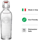 Two ribbed glass bottles from Bormioli Rocco's Officina series, featuring embossed detailing and hermetic swing-top lids.