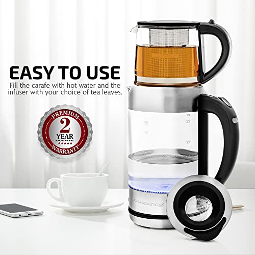 OVENTE Glass Electric Kettle Hot Water Boiler 1.7 Liter ProntoFill Tech w/ Stainless Steel Filter - 1500W BPA Free Water Heater Kettle for Coffee & Tea Maker - Silver KG612S + Glass Tea Pot Infuser