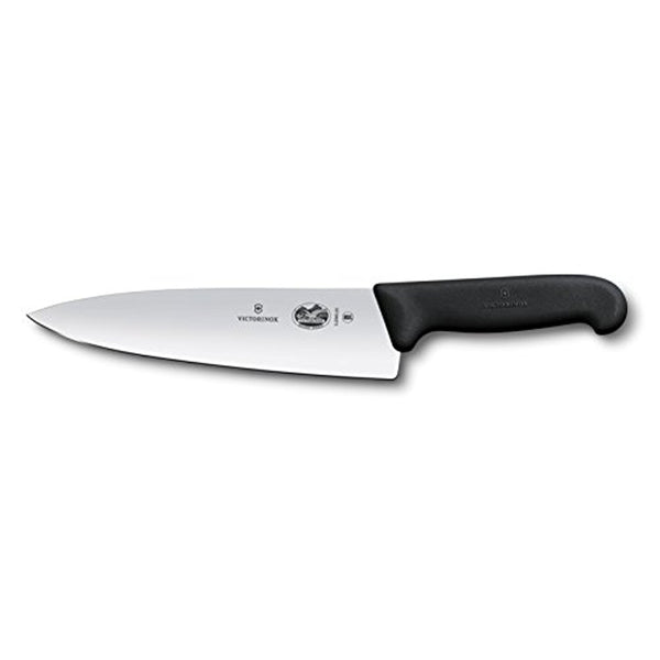 Victorinox 8-inch chef's knife with a stainless steel blade and black ergonomic Fibrox handle, side view.