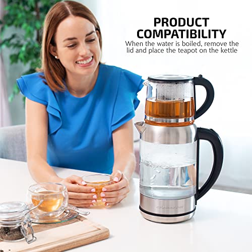 OVENTE Glass Electric Kettle Hot Water Boiler 1.7 Liter ProntoFill Tech w/ Stainless Steel Filter - 1500W BPA Free Water Heater Kettle for Coffee & Tea Maker - Silver KG612S + Glass Tea Pot Infuser