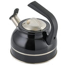 A black Kenmore Elite Costner whistling tea kettle with a polished stainless steel band at its base and a heat-resistant black Bakelite handle.