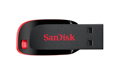Top view of black and red SanDisk Cruzer Blade USB flash drive on white background