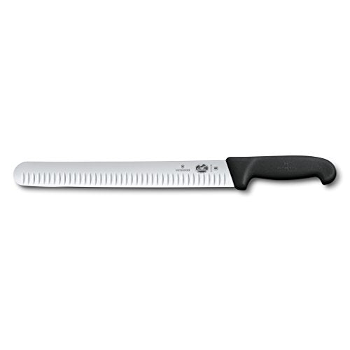 A Victorinox 12-inch Fibrox Pro slicing knife with a Granton edge, featuring a black ergonomic handle and a long stainless steel blade.