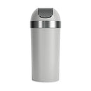 Tall grey trash can with stainless steel swing-top lid