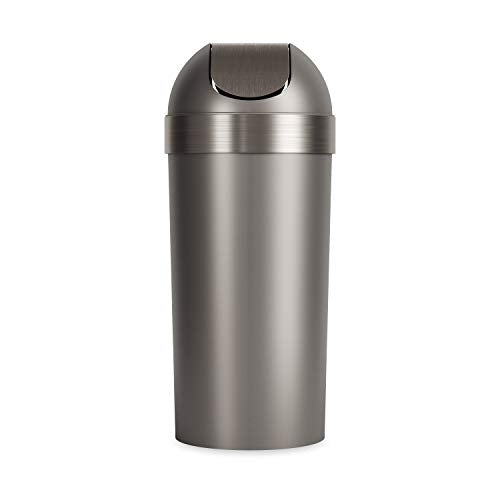 Tall grey trash can with stainless steel swing lid