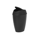Small black trash can with swing-top lid partially open