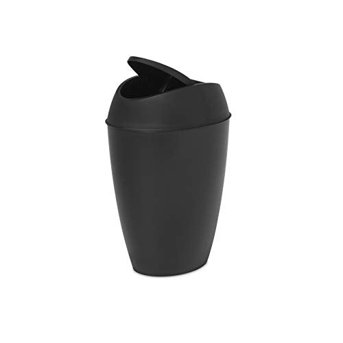 Small black trash can with swing-top lid partially open