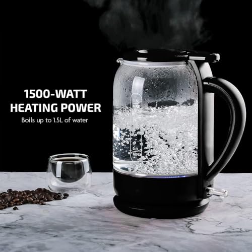 OVENTE Electric Glass Kettle 1.5 Liter 1500W Instant Hot Water Boiler Heater with ProntoFill Tech, Boil-Dry Protection, Automatic Shut Off, Fast Boiling for Tea & Coffee, Black KG516B