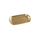 A rectangular serving tray with a gold metallic finish, an all-over hammered texture, and two integrated oval cut-out handles on the short ends.