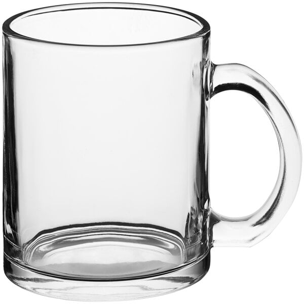 Clear glass coffee mug with a sturdy handle and thick base, perfect for hot beverages like coffee, tea, or espresso.