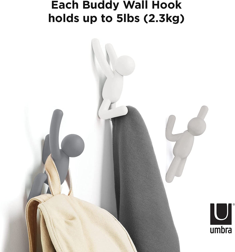 Umbra Buddy Decorative Wall Mounted Hooks for Hanging Coats, Scarves, Bags, Purses, Backpacks, Towels and More, Set of 3, 10 Inch L x 7.5 Inch W x 3 Inch H, Charcoal/Grey/White, 3 Count