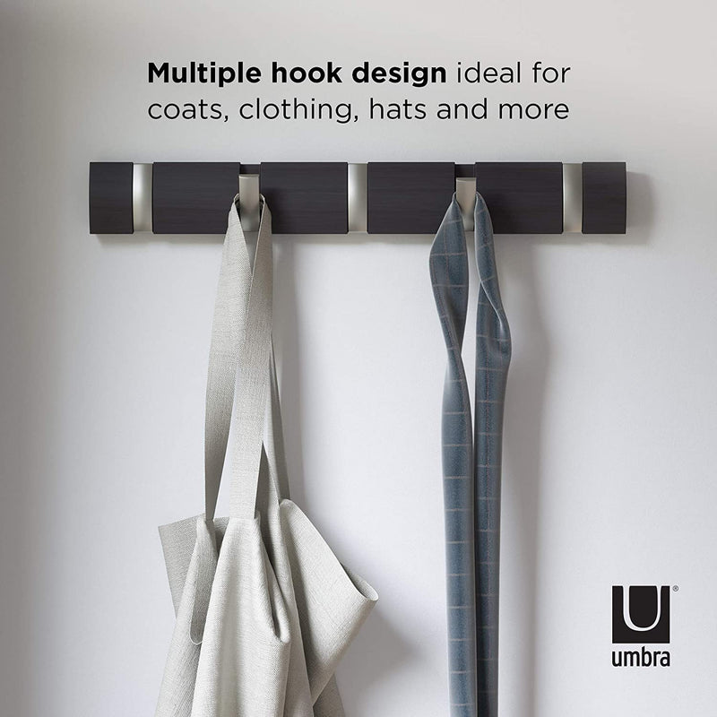 Umbra Flip 5 Wall Mounted Floating Rack – Modern, Sleek, Space-Saving Hanger with Retractable Hooks to Hang Coats, Scarves, Purses, Driftwood/Nickel