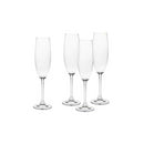 Set of four Godinger Meridian champagne flutes with clear glass design, displayed on a white background.