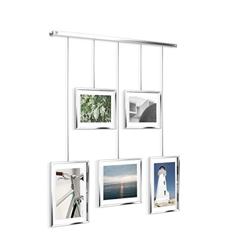 Umbra Exhibit Picture Frame Gallery Set Adjustable Collage Display for 5 Photos, Prints, Artwork & More (Holds Two 4 x 6 inch and Three 5 x 7 inch Images), 5 Opening, Chrome