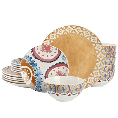 Spice by Tia Mowry Savory Saffron Decorated Coupe Porcelain Chip and Scratch Resistant Dinnerware Set, Honey Gold, 18-Piece