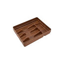  5-compartment plastic cutlery tray with a wood-grain finish shown on a white background.