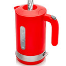 Red OVENTE 1.8L electric kettle with ProntoFill lid and water level window, displayed on a white background.