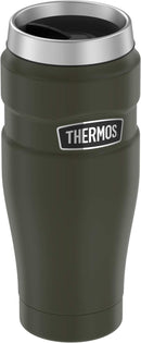 Angled side view of Thermos tumbler showing brand logo and stainless steel rim
