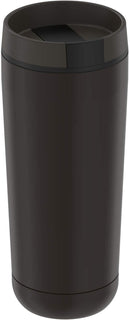 Side angled view of the closed black stainless steel Thermos tumbler