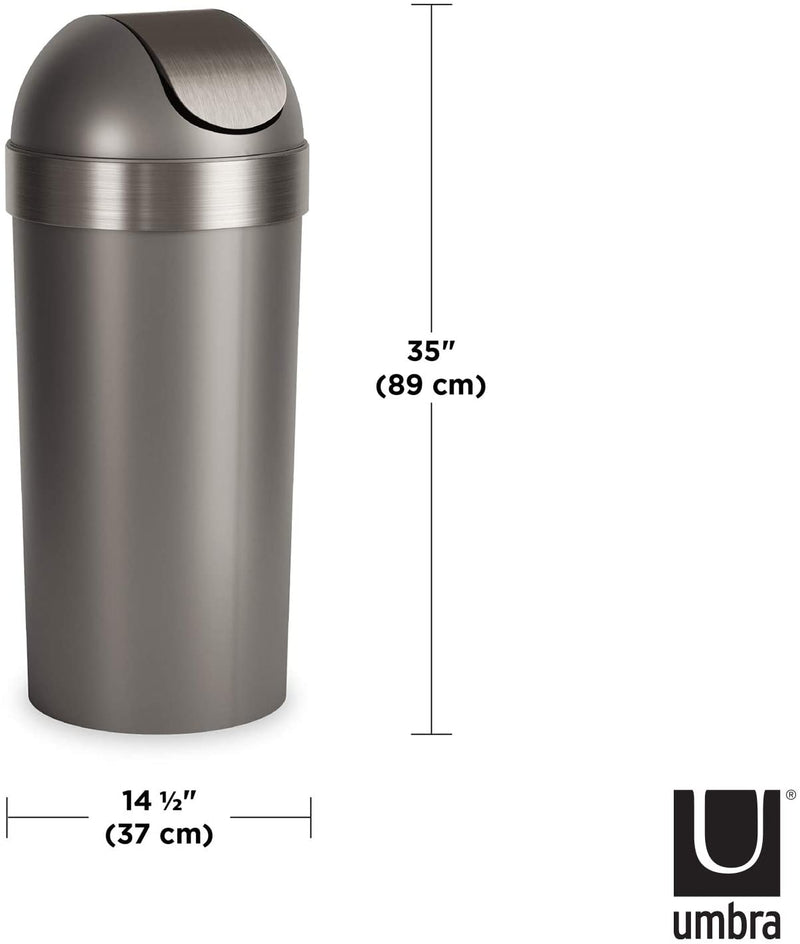 Umbra trash can shown with 35-inch height and 14.5-inch width