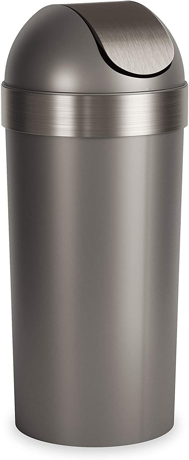 Back of tall grey trash bin with domed top