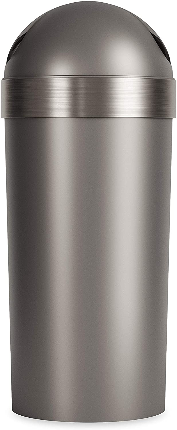 Angled view of grey and silver swing-top trash can