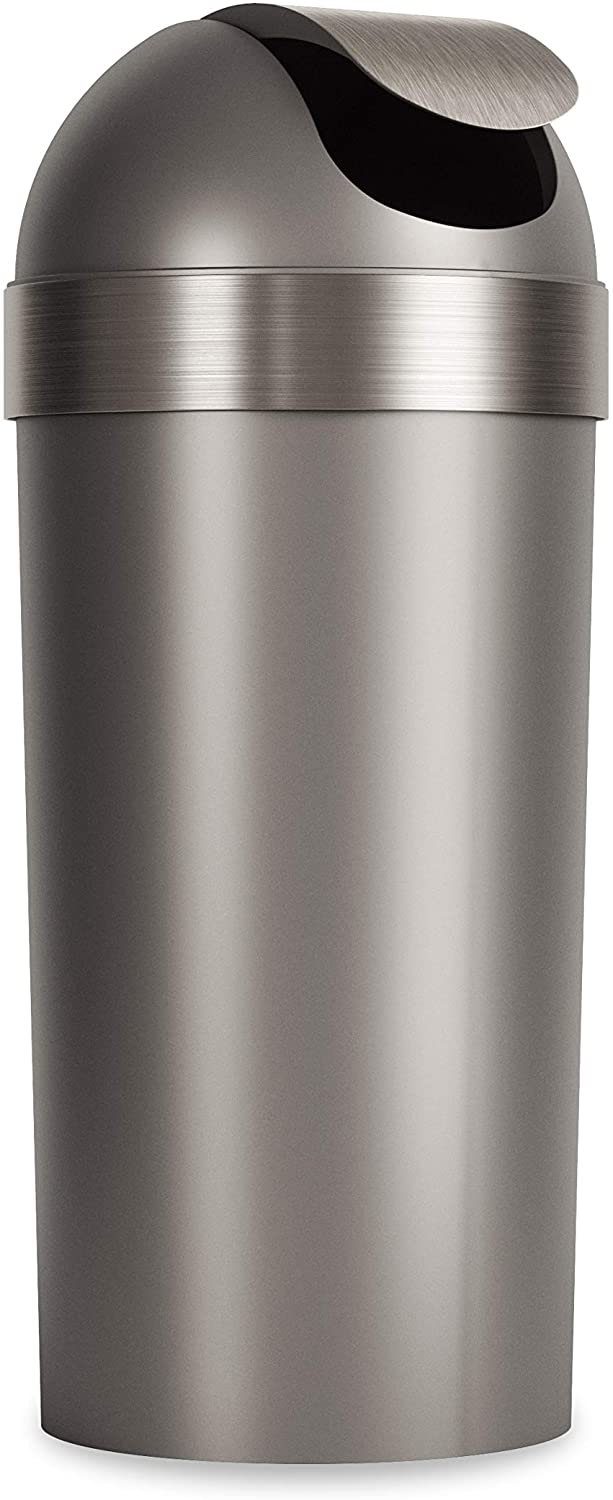 Angled view of grey and silver swing-top trash can