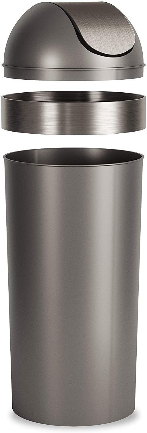 Angled view of grey and silver swing-top trash can