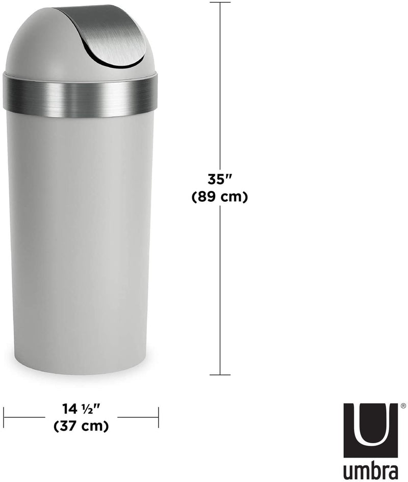 Trash can shown with 35-inch height and 14.5-inch width measurements