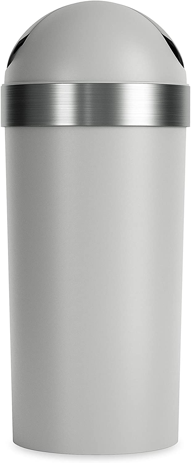 Back view of tall grey trash bin with sleek stainless steel band