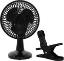 Black 6-inch convertible clip and tabletop fan with adjustable head on a white background.