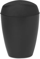 Front view of compact black trash can with closed lid