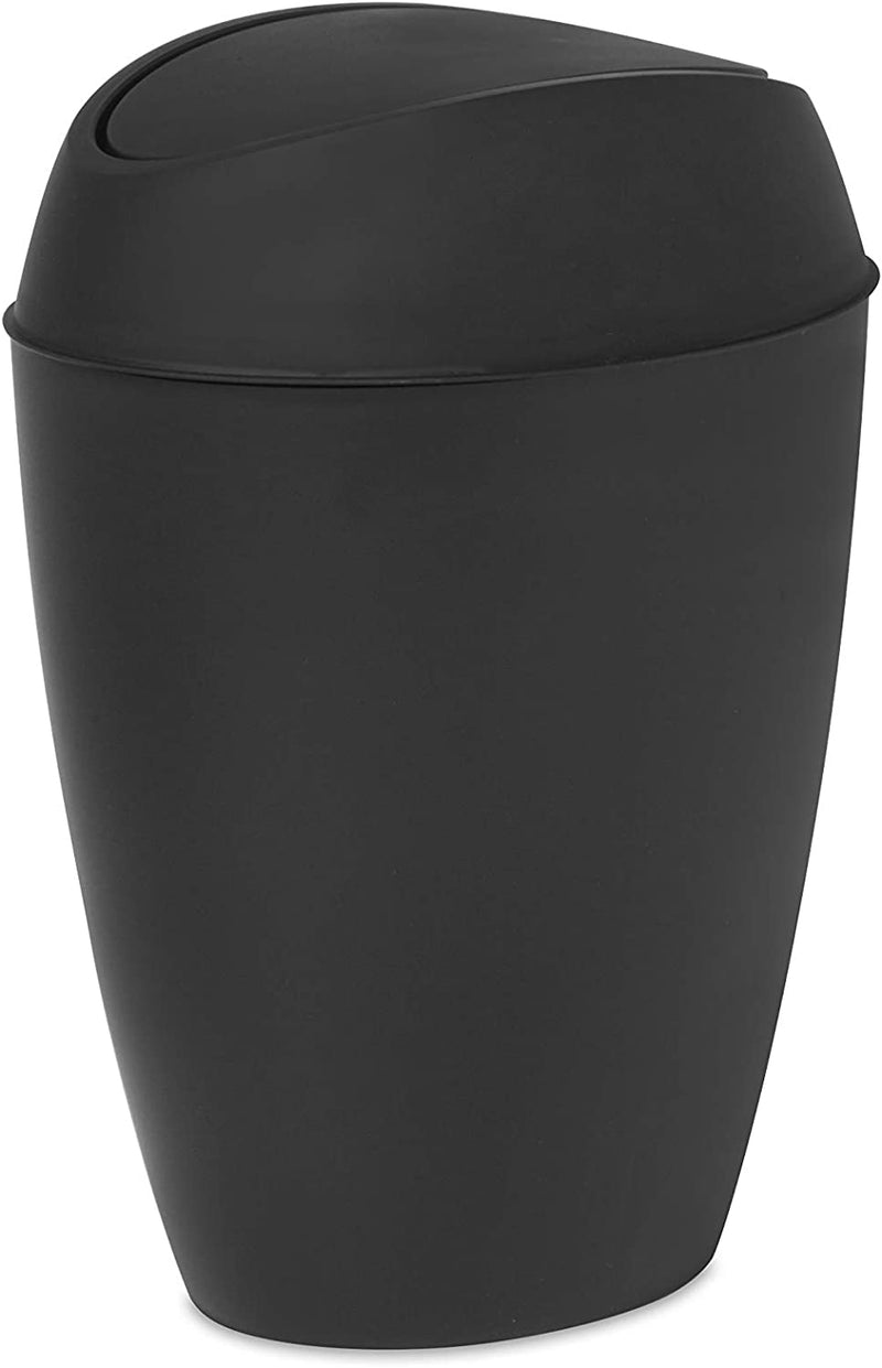 Side angle of sleek black Umbra Twirla trash bin