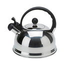 Polished stainless steel whistling tea kettle with black handle 2.6 quart