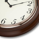 15.5-inch round dark brown woodgrain wall clock with black numbers and black hands on a white background.