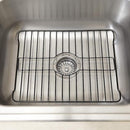 A single rectangular sink protector grid in a black finish, designed to fit in a kitchen sink, with a central oval cutout for the drain and slightly raised feet, viewed from an angle.