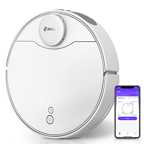 Robot vacuum and mop (360 S9) in white, shown next to a smartphone displaying the control app interface.
