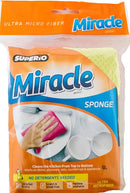 Superio microfiber sponge in original retail packaging labeled with features and brand name.