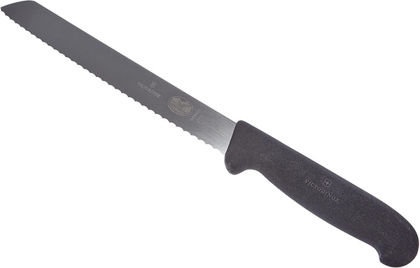 Victorinox 8-inch serrated bread knife with a black non-slip handle and stainless steel blade, angled view.