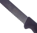 Close-up of the Victorinox bread knife's serrated stainless steel blade and ergonomic handle.