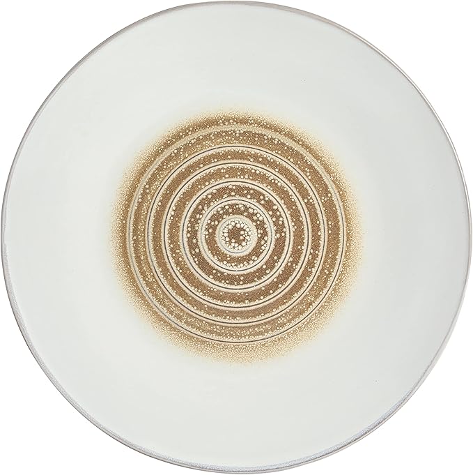 Dinner Plate: Taupe stoneware dinner plate with embossed spiral pattern and flat rim, shown on a white background.