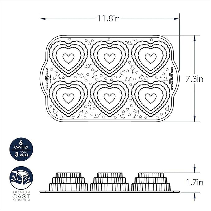 Dimensions for Toffee-colored Nordic Ware cakelet pan with six tiered heart-shaped cavities, displayed on a white background.
