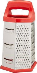 Stainless steel 6-sided cheese grater with ergonomic handle, standing upright on a white background.