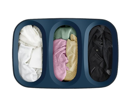 90-liter laundry hamper in black and dark blue with three removable bags and a lid, shown on a white background.